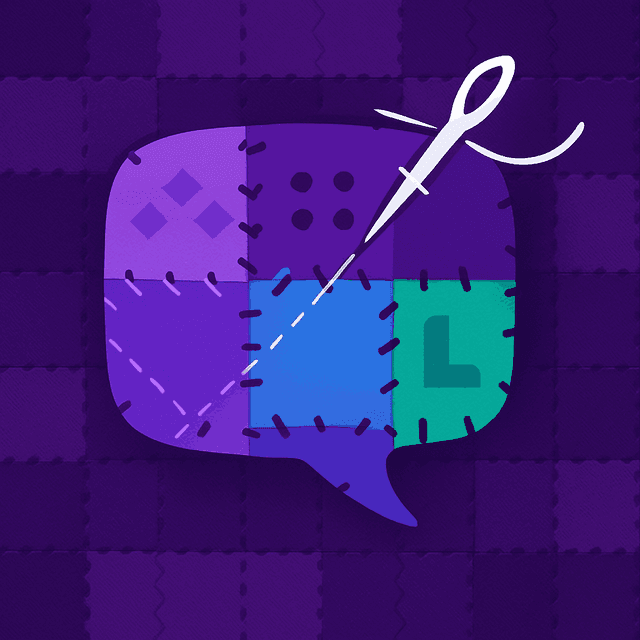 Patchwork Labs logo: a quilted speech bubble with a needle and thread